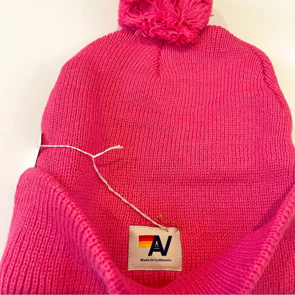 Aviator Nation Pink Knit Beanie Bolt embroidered patch neon pink