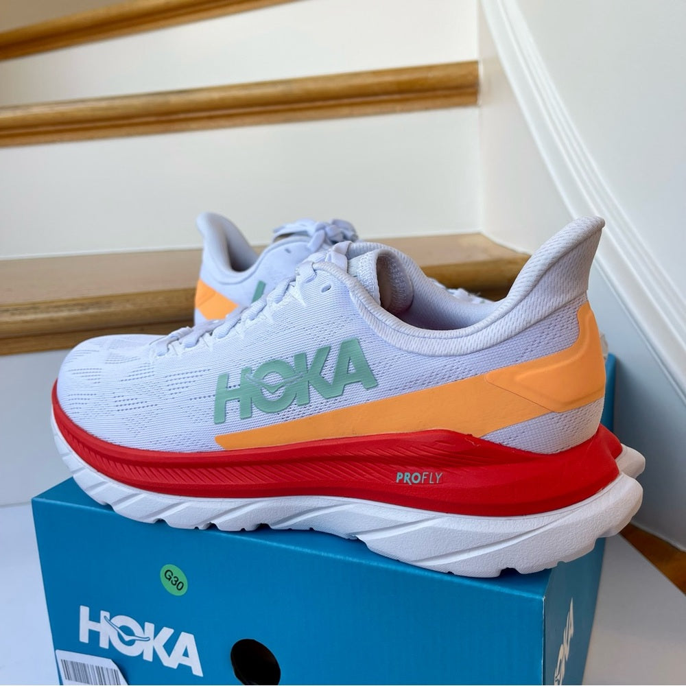 Hoka Mach 4 Running Shoes in White / Fiesta , Hoka One One red / orange