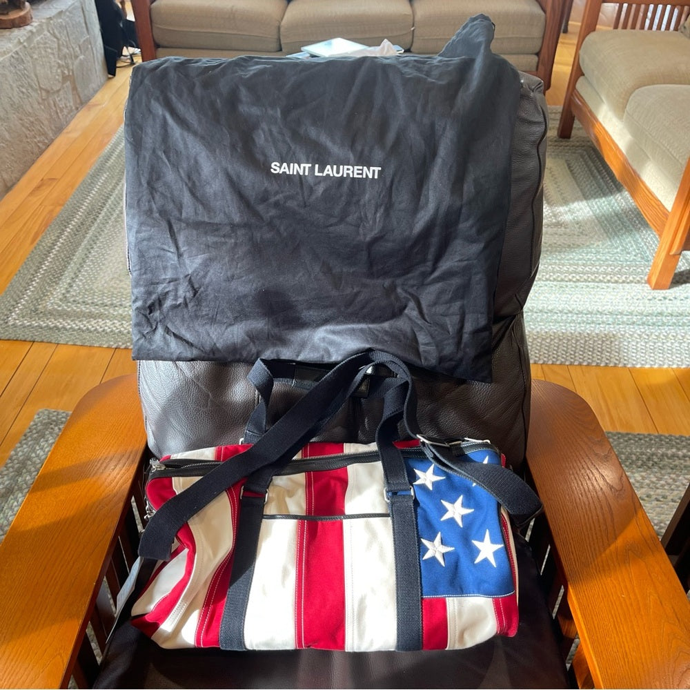 Yves Saint Laurent Noe Duffle Gym Bag in red white and blue stars / stripes