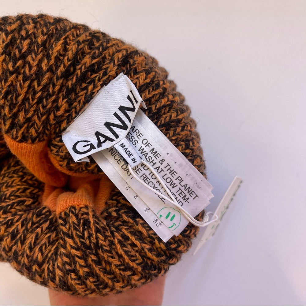 Ganni Rib knit beanie brown marigold / black