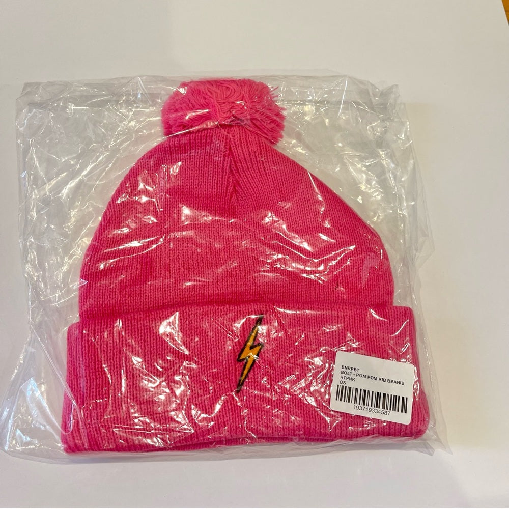 Aviator Nation Pink Knit Beanie Bolt embroidered patch neon pink