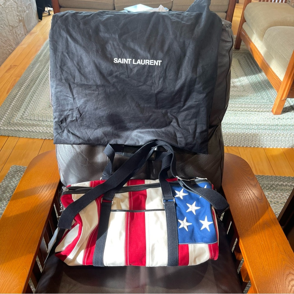 Yves Saint Laurent Noe Duffle Gym Bag in red white and blue stars / stripes