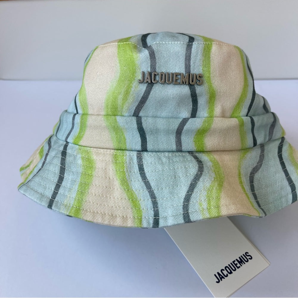 Jacquemus Bucket Hat Le Bob Gadjo Unisex in Blue / Grey Stripe Le Raphia