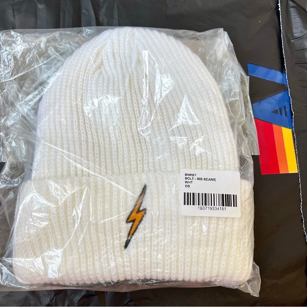 Aviator Nation Knit Beanie ribbed Bolt embroidered patch white