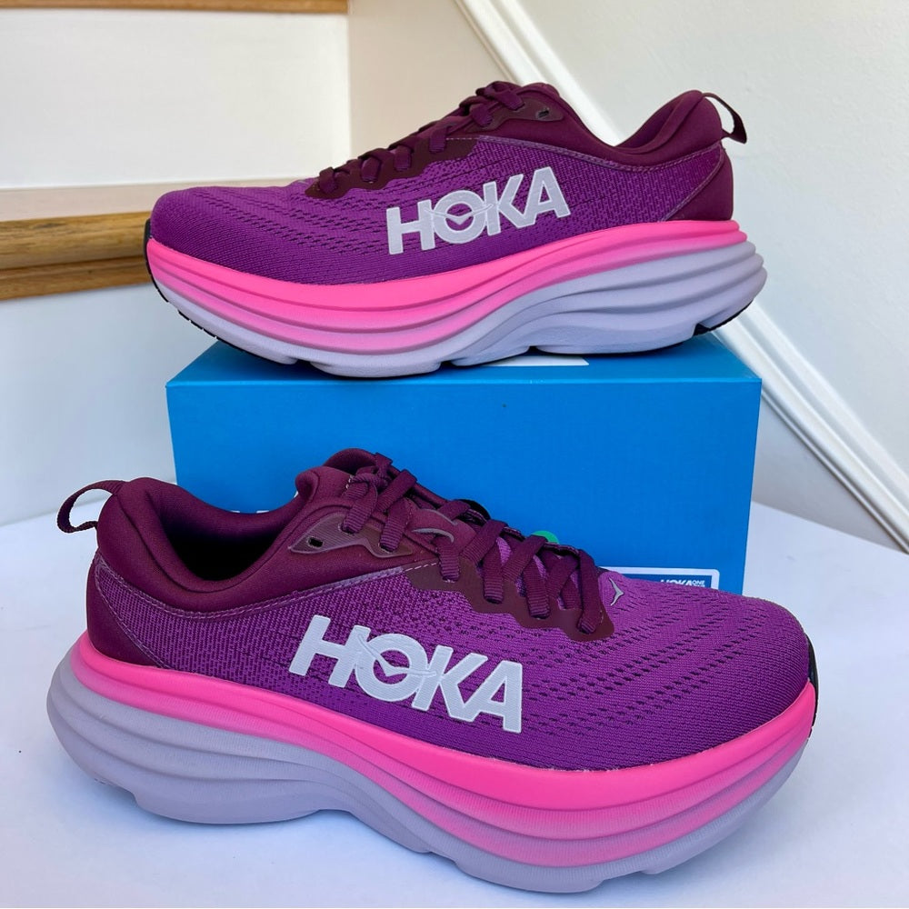 Hoka Bondi 8 Running Shoes in Beautyberry / Grapewine Pink Purple women’s