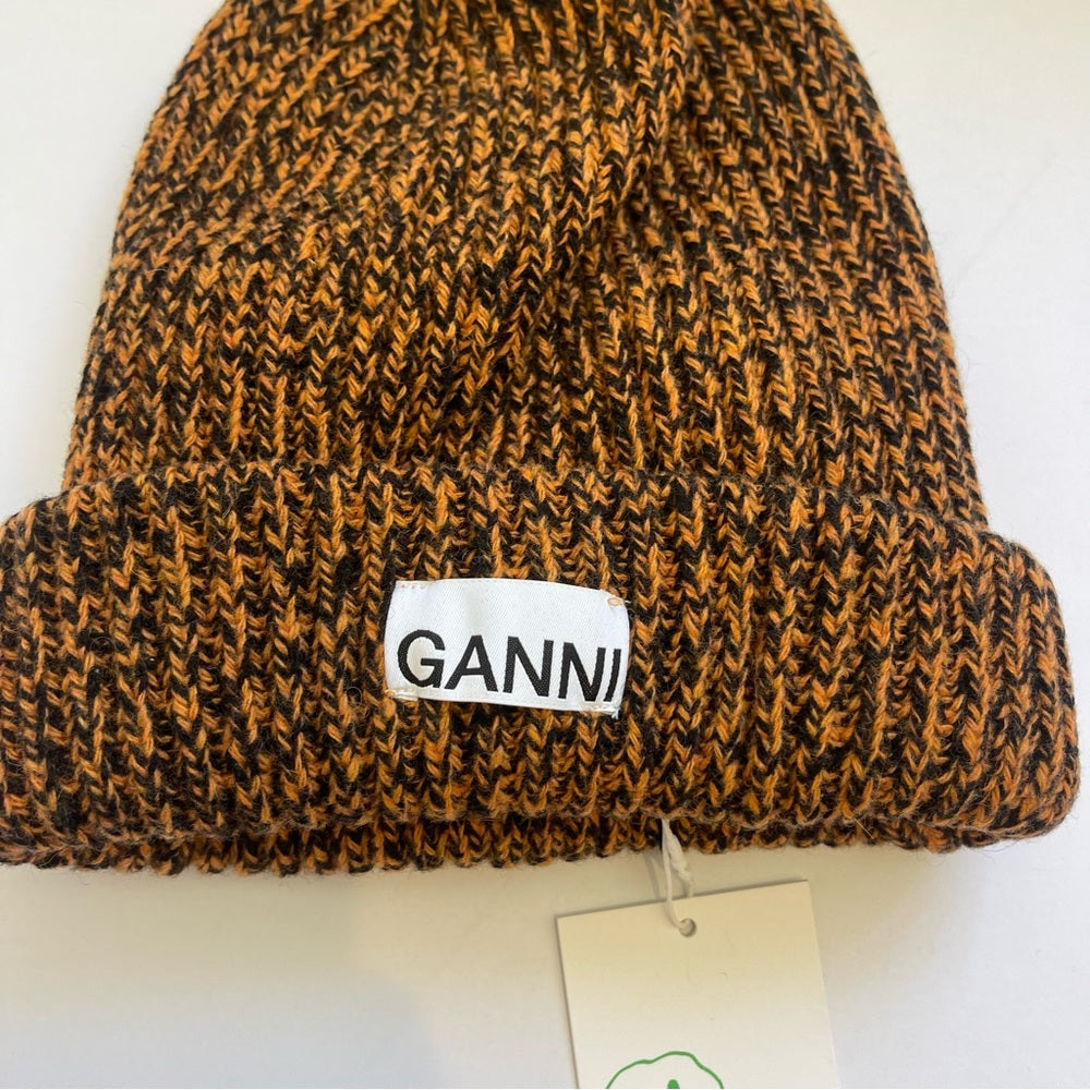 Ganni Rib knit beanie brown marigold / black