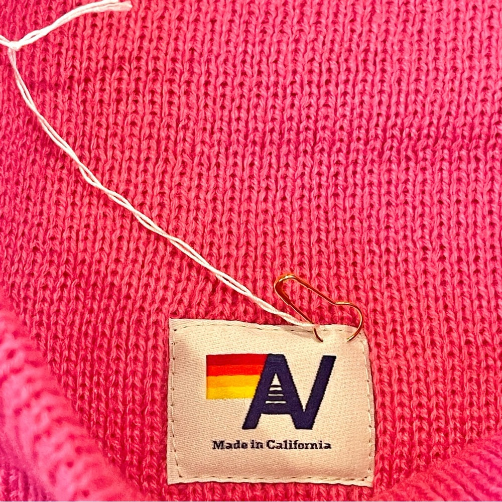 Aviator Nation Pink Knit Beanie Bolt embroidered patch neon pink