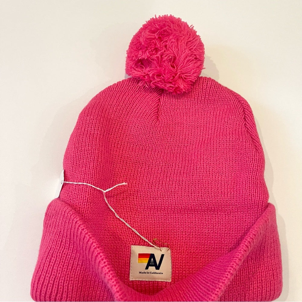 Aviator Nation Pink Knit Beanie Bolt embroidered patch neon pink