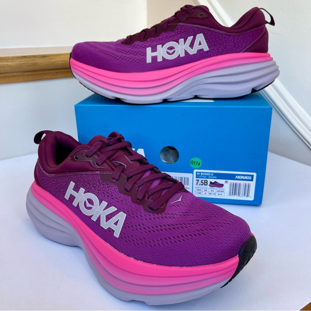 Hoka Bondi 8 Running Shoes in Beautyberry / Grapewine Pink Purple women’s