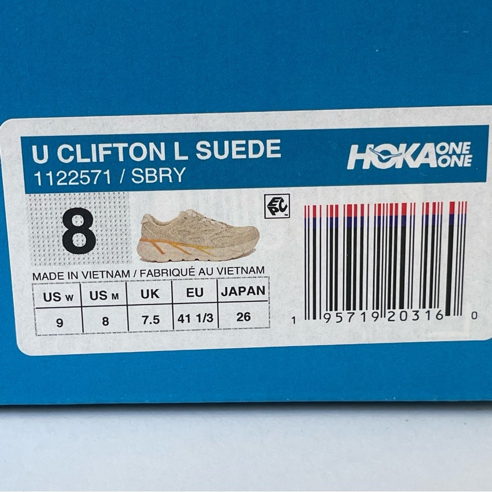 Hoka Clifton L Suede Unisex NEW Leather Athletic Shoes tan shortbread beige gold